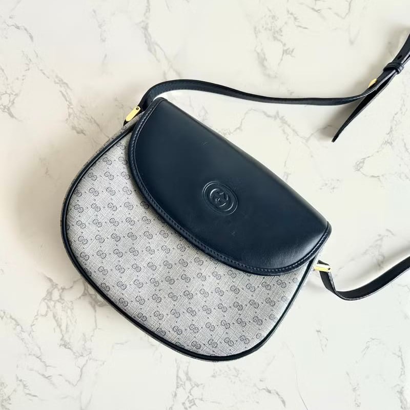 【LA LUNE】稀有中古包 Gucci藍黑色老花半月包 古董包 側背包 斜背包 單肩包-0