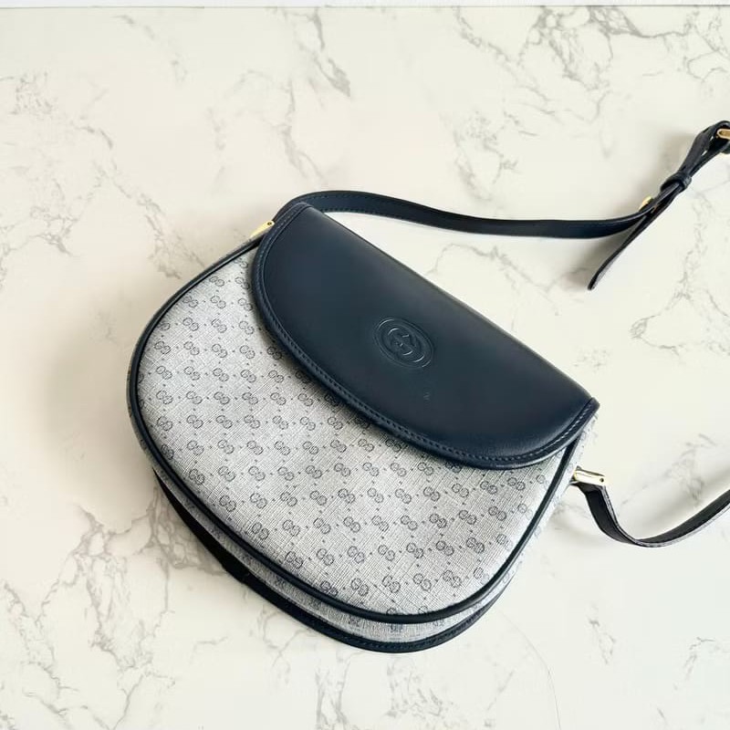 【LA LUNE】稀有中古包 Gucci藍黑色老花半月包 古董包 側背包 斜背包 單肩包-1