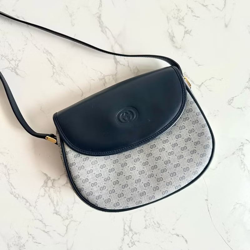 【LA LUNE】稀有中古包 Gucci藍黑色老花半月包 古董包 側背包 斜背包 單肩包-2