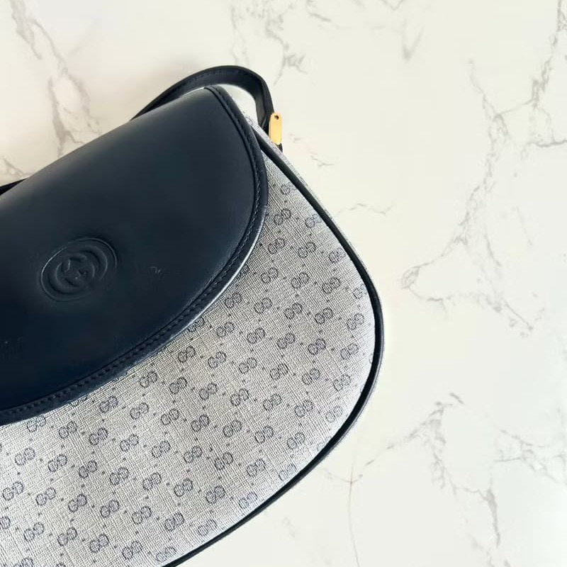 【LA LUNE】稀有中古包 Gucci藍黑色老花半月包 古董包 側背包 斜背包 單肩包-3