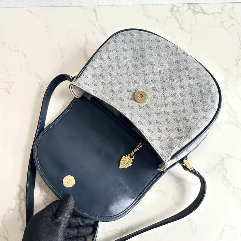 【LA LUNE】稀有中古包 Gucci藍黑色老花半月包 古董包 側背包 斜背包 單肩包-6