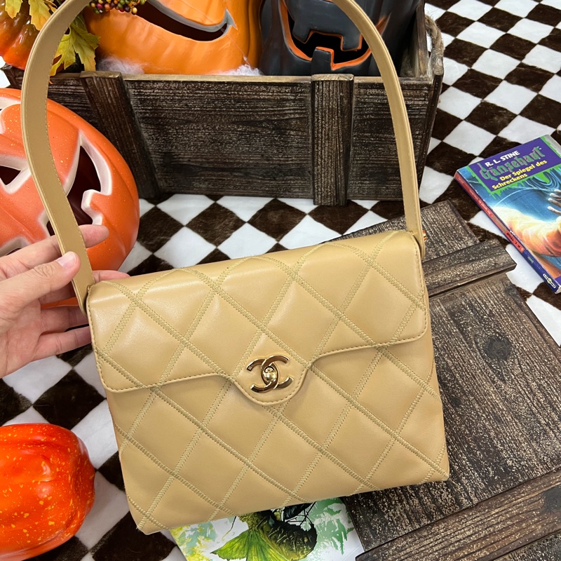Chanel 香奈兒 米色 Kelly shoulder 單肩包 外縫線 大菱格 中古 24K金 Vintage-0