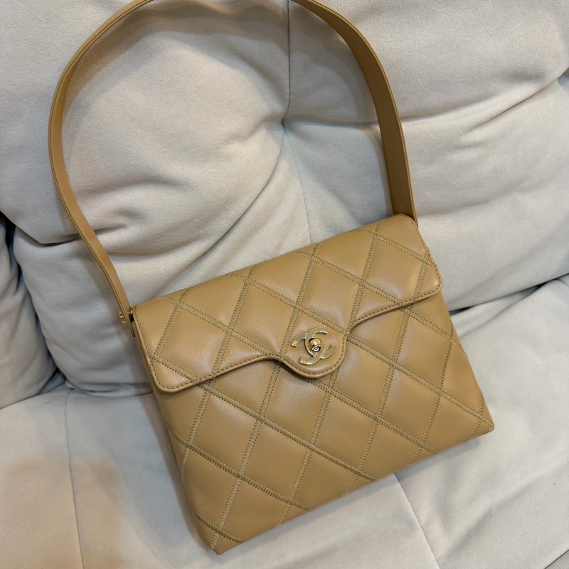 Chanel 香奈兒 米色 Kelly shoulder 單肩包 外縫線 大菱格 中古 24K金 Vintage-2