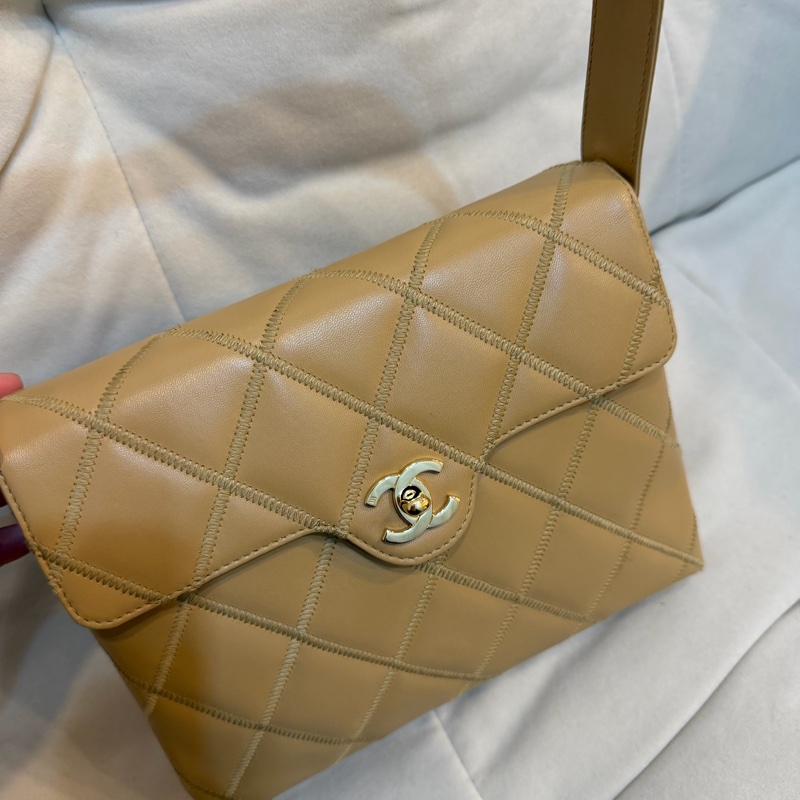 Chanel 香奈兒 米色 Kelly shoulder 單肩包 外縫線 大菱格 中古 24K金 Vintage-3