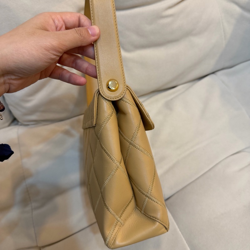 Chanel 香奈兒 米色 Kelly shoulder 單肩包 外縫線 大菱格 中古 24K金 Vintage-4