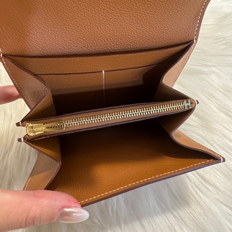 Hermes Constance 金棕金Evercolor 康康短夾 +鏈袋變顆包😍-7