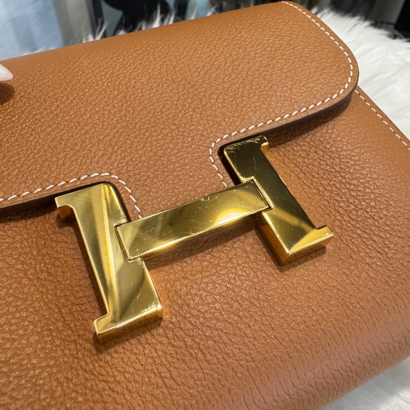Hermes Constance 金棕金Evercolor 康康短夾 +鏈袋變顆包😍-9