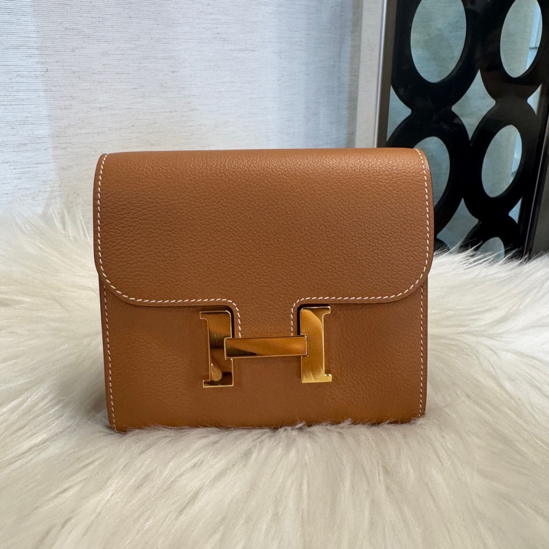 Hermes Constance 金棕金Evercolor 康康短夾 +鏈袋變顆包😍-10