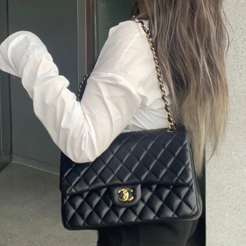 Chanel香奈兒CF jumbo黑金雙蓋手提肩挎包
