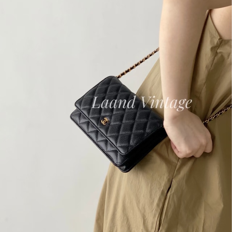超優惠🖤CHANEL黑金荔枝牛皮菱格紋WOC鏈包/A33814-1