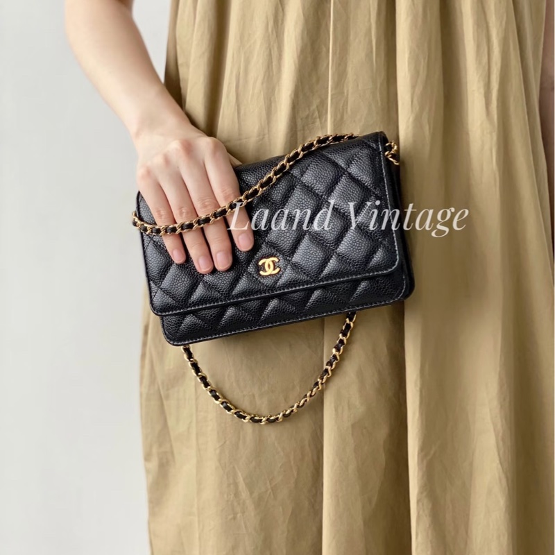 超優惠🖤CHANEL黑金荔枝牛皮菱格紋WOC鏈包/A33814-2