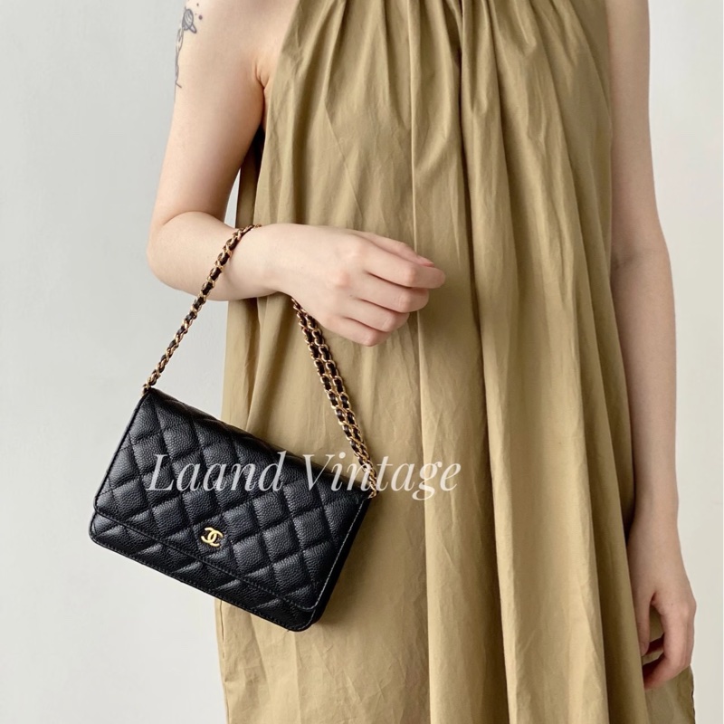 超優惠🖤CHANEL黑金荔枝牛皮菱格紋WOC鏈包/A33814-3