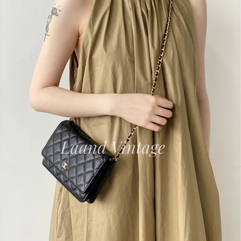 超優惠🖤CHANEL黑金荔枝牛皮菱格紋WOC鏈包/A33814-4