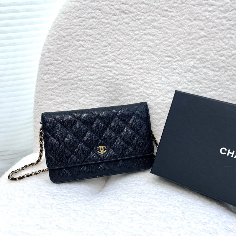 超優惠🖤CHANEL黑金荔枝牛皮菱格紋WOC鏈包/A33814-5