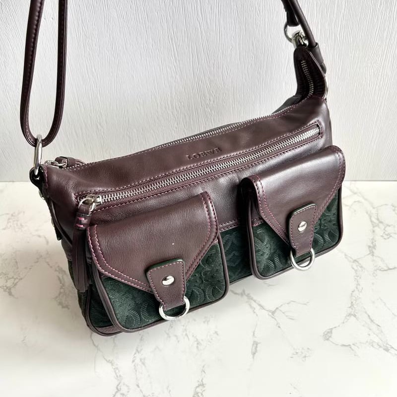 【LA LUNE】絕版古董包 Loewe拼色兩用側背包 斜孭包 腋下包 皮革包 單肩包-0