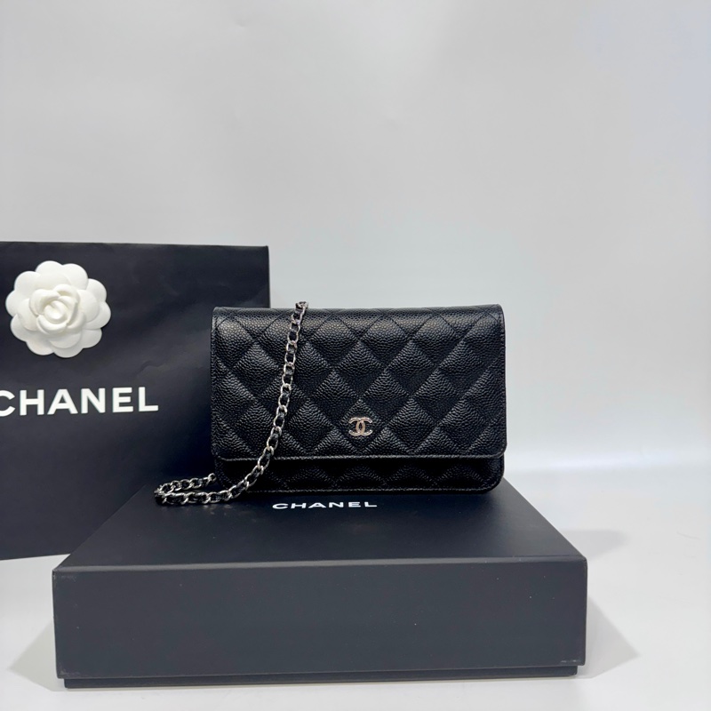 CHANEL黑銀荔紋牛皮磁吸釦WOC/AP0250-1