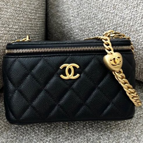 CHANEL 香奈兒 全新 愛心調節扣 23P 長盒子 化妝包 荔枝皮紋 黑色 金扣-0