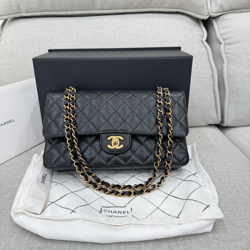 香奈兒CHANEL CF25黑金荔枝紋牛皮鏈條包 單肩斜挎包 中號-0