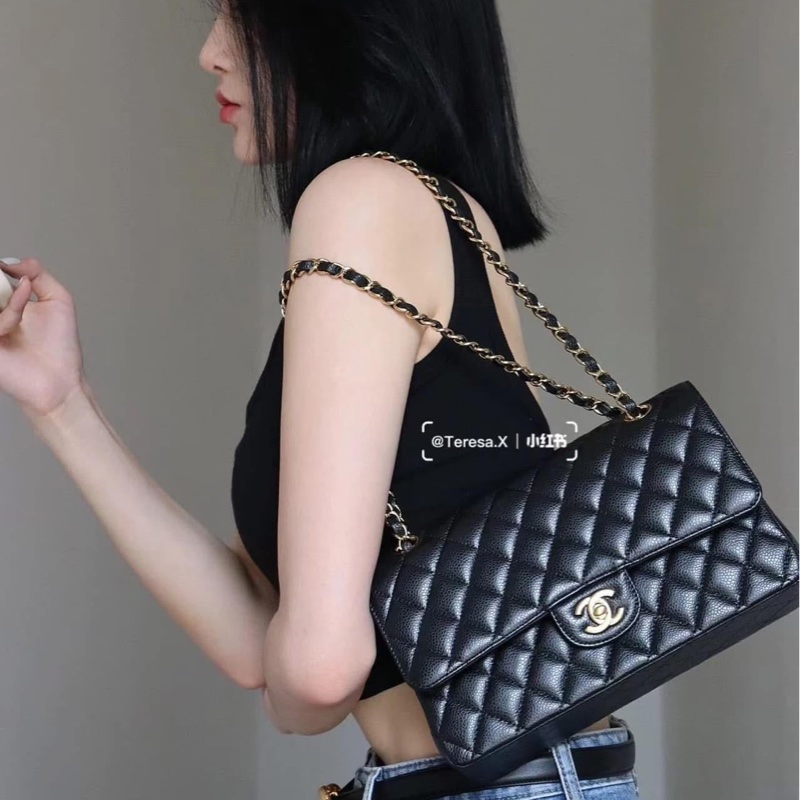 香奈兒CHANEL CF25黑金荔枝紋牛皮鏈條包 單肩斜挎包 中號-1