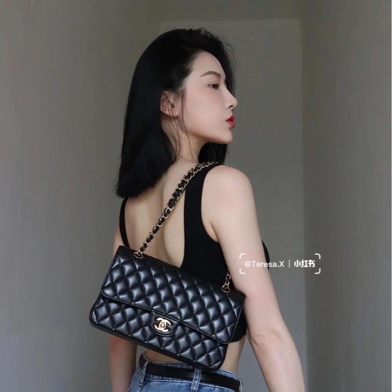 香奈兒CHANEL CF25黑金荔枝紋牛皮鏈條包 單肩斜挎包 中號-2