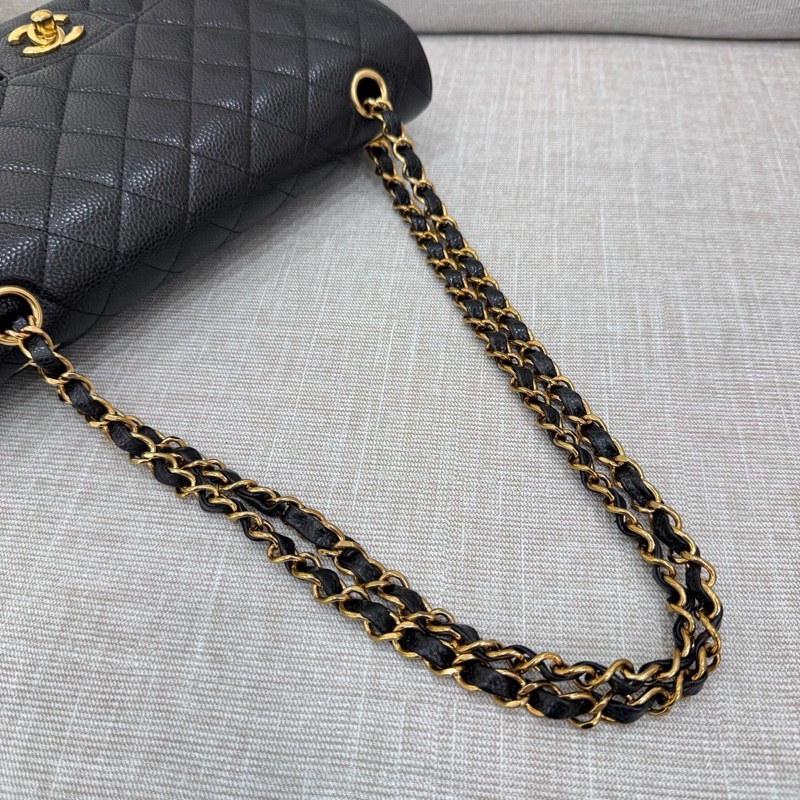 香奈兒CHANEL CF25黑金荔枝紋牛皮鏈條包 單肩斜挎包 中號-33