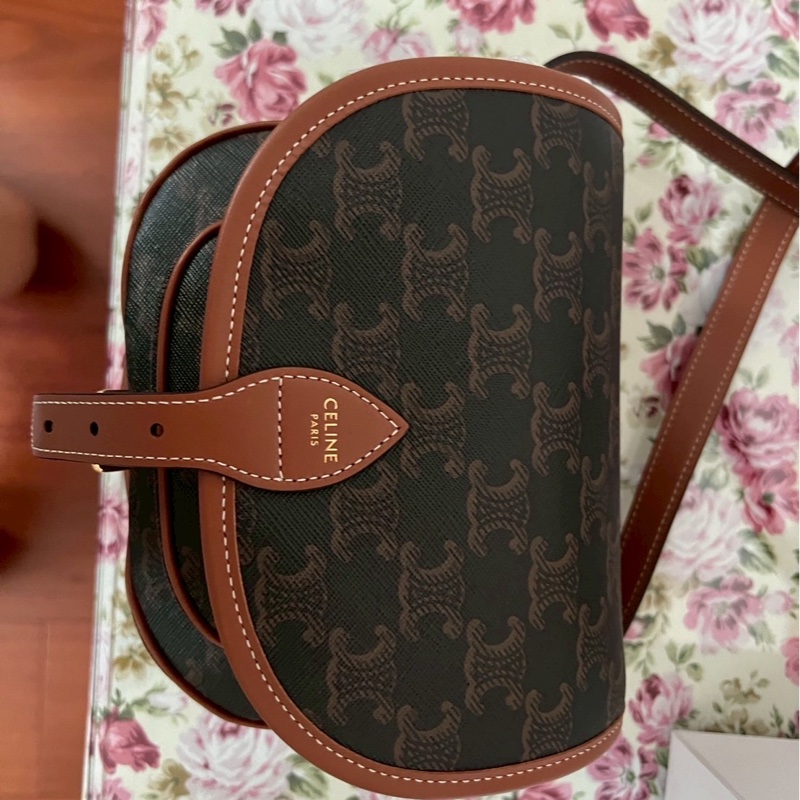 CELINE FOLCO標誌印花牛皮革中號手袋-5