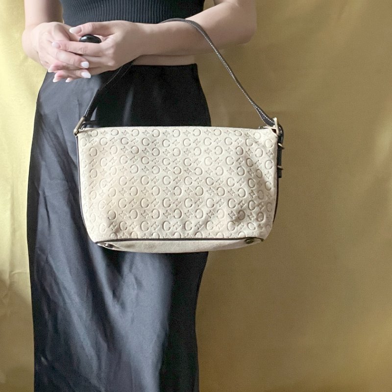 CELINE C Macadam 麂皮絨面米色肩背包手提袋 日本中古Vintage-0