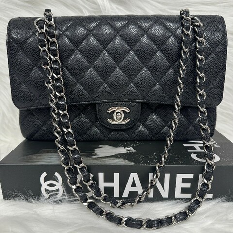Chanel CLASSIC FLAP 黑色 菱格紋 荔枝牛皮 小號 银扣