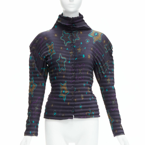 rare ISSEY MIYAKE PLEATS PLEASE green star print dark blue stand collar pleated shirt top JP2 M