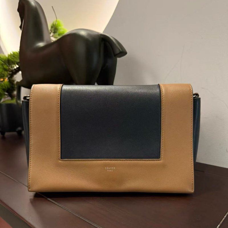 Celine Frame系列 豆腐包牛皮斜背包 棕黑經典拚色25*9*16cm 99新 配件塵袋-0