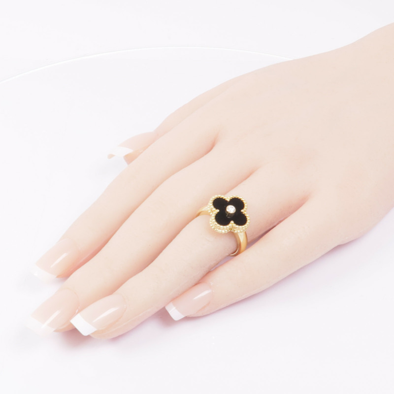 Van Cleef & Arpels 18K黃金Vintage Alhambra Ring縞瑪瑙/鑽石戒指#51/US#5.5-6