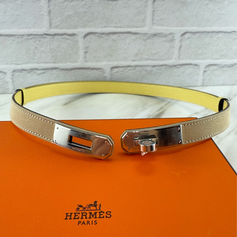愛馬仕 Hermès Kelly 風衣布小雞黃 銀釦 皮帶 腰帶-1