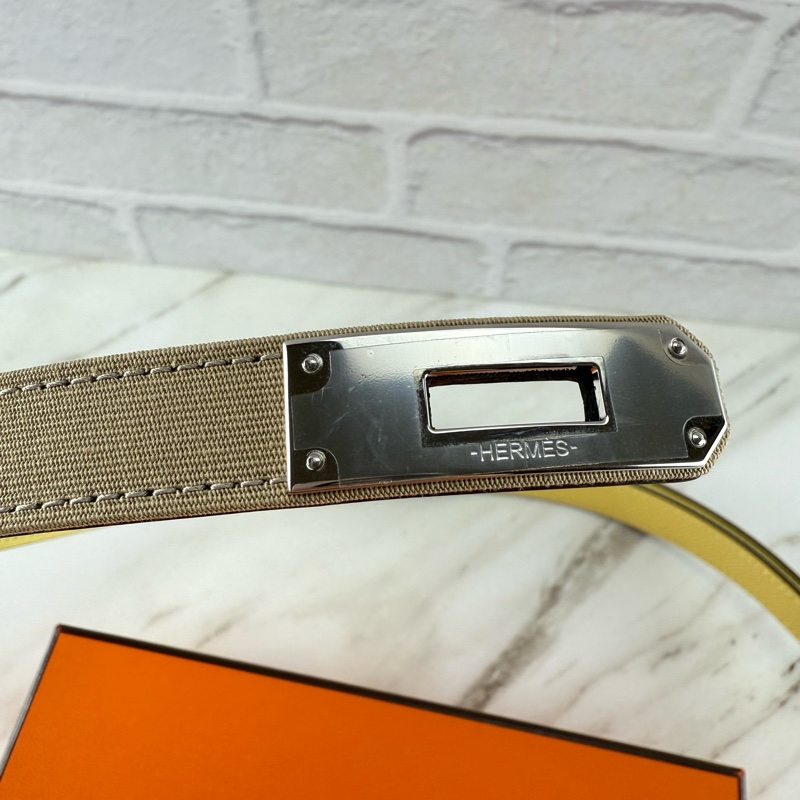 愛馬仕 Hermès Kelly 風衣布小雞黃 銀釦 皮帶 腰帶-2