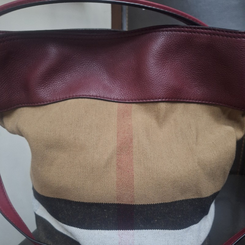 BURBERRY 巴寶莉 格紋拼接兩用包(暗紅色)-1