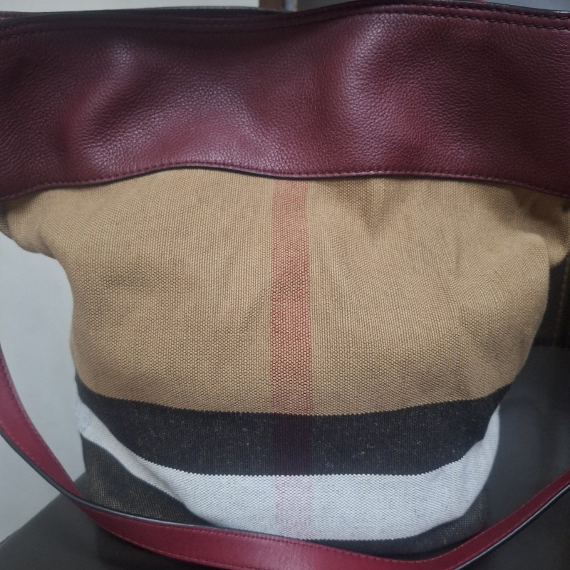 BURBERRY 巴寶莉 格紋拼接兩用包(暗紅色)-6