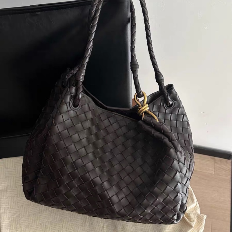 999新Bottega Veneta 新款大號 Parachute黑棕色巧克力棕編織肩背包-2