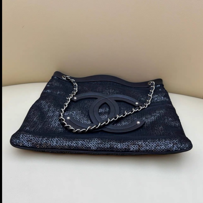 Chanel • 大Logo 亮片黑銀牛皮網格包-5