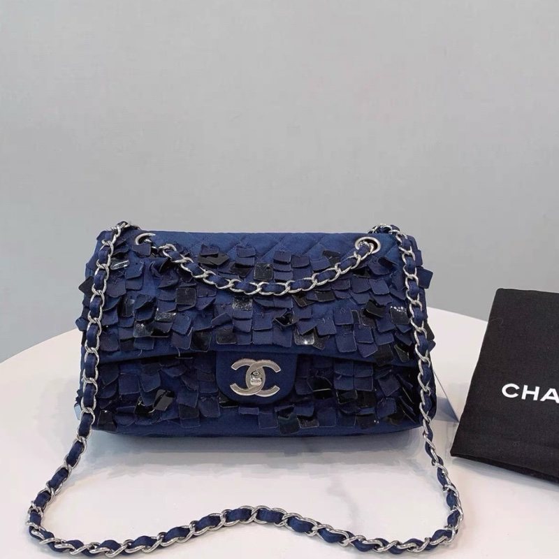 Chanel • Cf 25 緞面午夜藍銀釦 中號 秀款-0