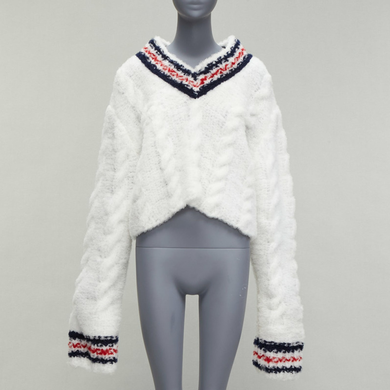 rare THOM BROWNE 2018 Runway hand knit tulle oversized varsity sweater IT36 XXS-0