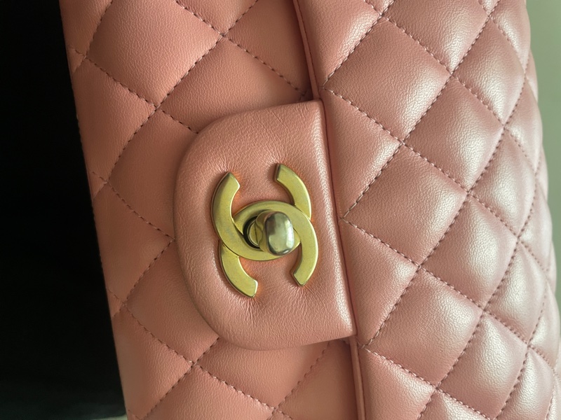 Chanel cf vintage 小羊皮 復古金扣 古董包 特殊粉 標盒袋-3