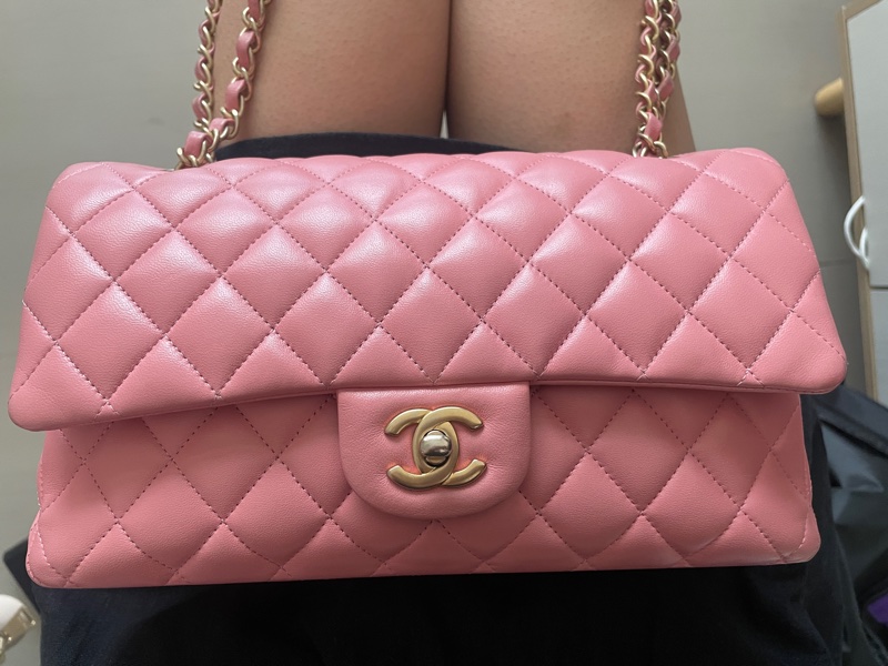 Chanel cf vintage 小羊皮 復古金扣 古董包 特殊粉 標盒袋-5
