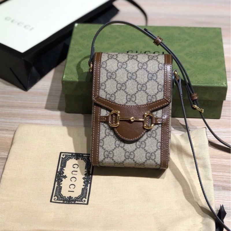 GUCCI古馳 Horsebit 1955 老花Logo馬銜扣 帆布拼皮革 手機包斜挎包-1