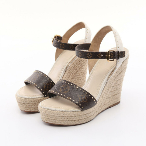 LOUIS VUITTON Coast line 涼鞋 坡跟鞋 #36 Monogram 帆布 棕色 米色