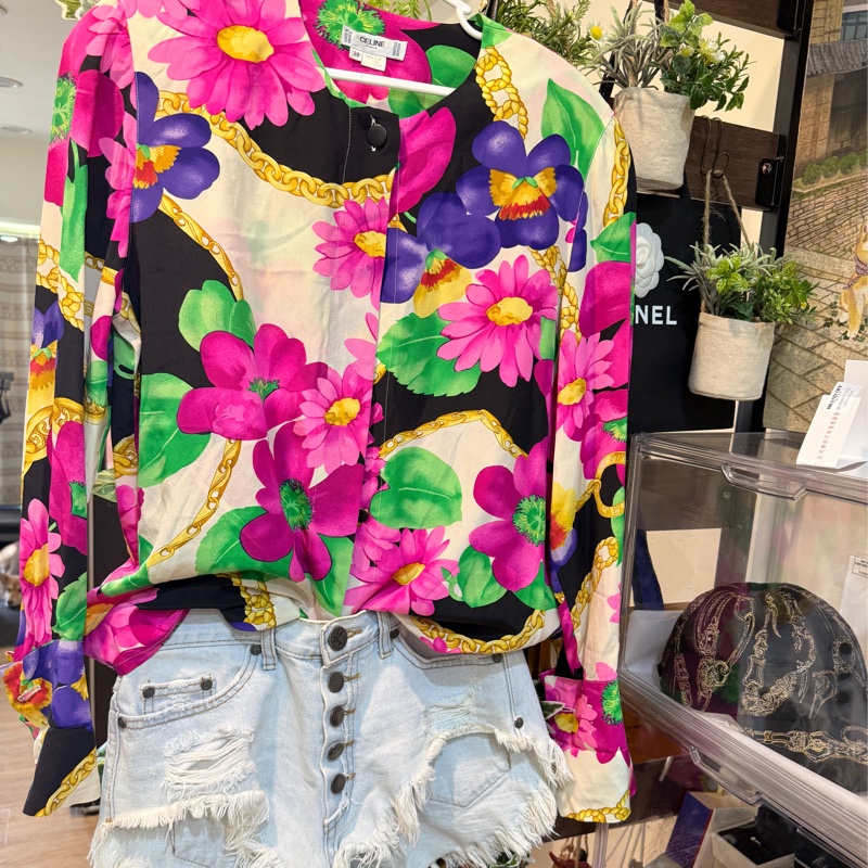 Celine 鮮豔花🌺🏝️夏天要來了~開釦上衣 高級品質100%絲 襯衫上衣-4