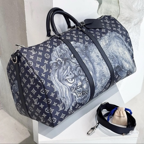 Louis Vuitton & Chapman · Keepall 45 動物園系列 獅子深藍牛皮壓紋旅行袋