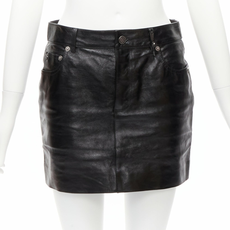 SAINT LAURENT 2017 silver heart star arrow charm stud black calfskin leather mini skirt FR36 S-0