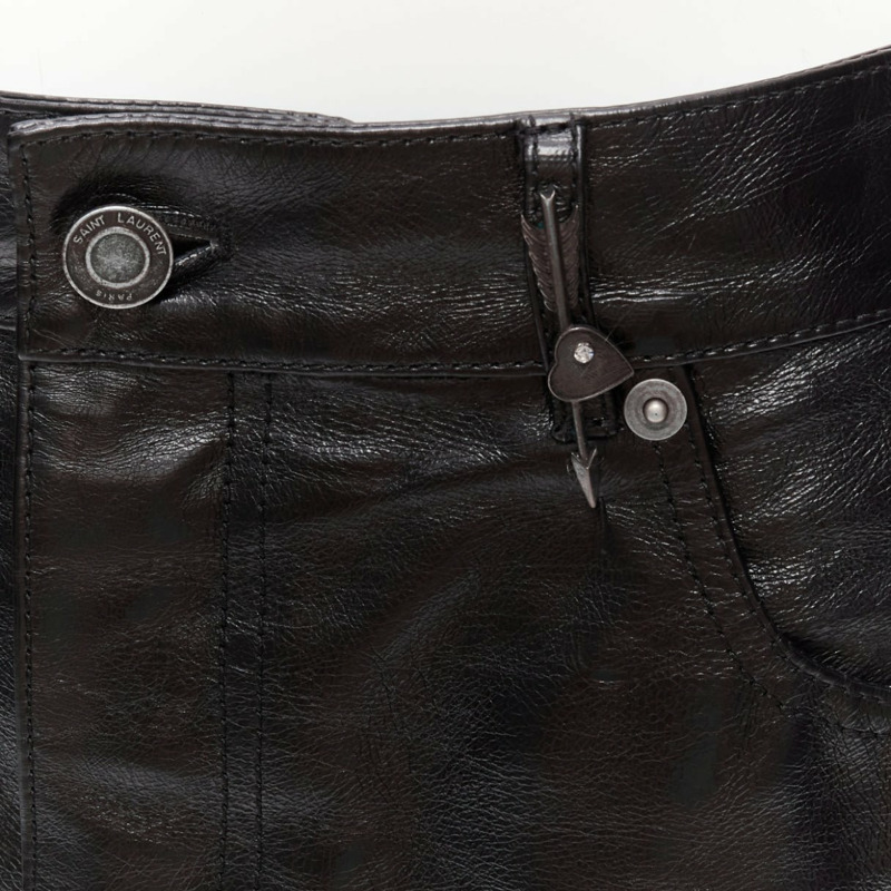 SAINT LAURENT 2017 silver heart star arrow charm stud black calfskin leather mini skirt FR36 S-1