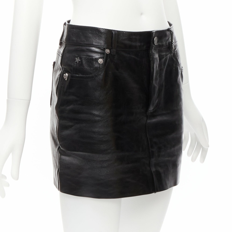 SAINT LAURENT 2017 silver heart star arrow charm stud black calfskin leather mini skirt FR36 S-2