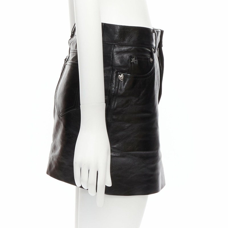 SAINT LAURENT 2017 silver heart star arrow charm stud black calfskin leather mini skirt FR36 S-3