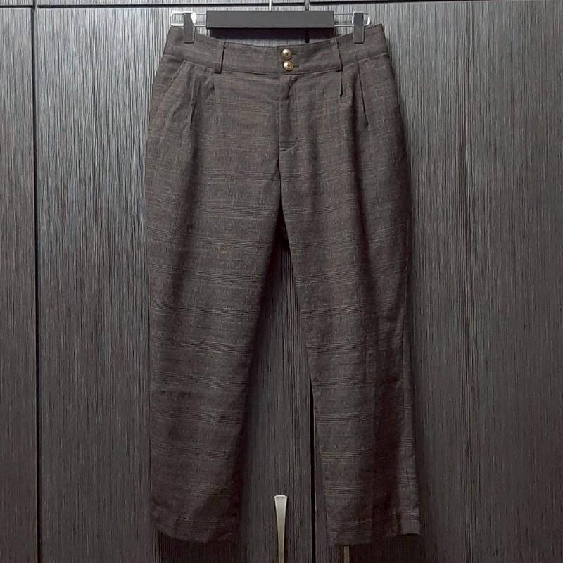 絕版正品BURBERRY 博柏利 BLUE LABEL 藍標 戰馬 牛革環 女棕色格紋混羊毛皺褶錐形休閒褲38號-0